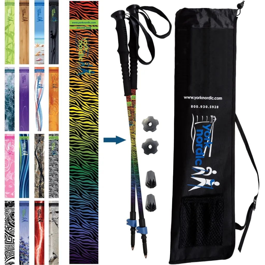 Zebra Rainbow Hiking & Walking Poles w-flip locks, detachable feet and travel bag - pair - For Heights up to 6’2”