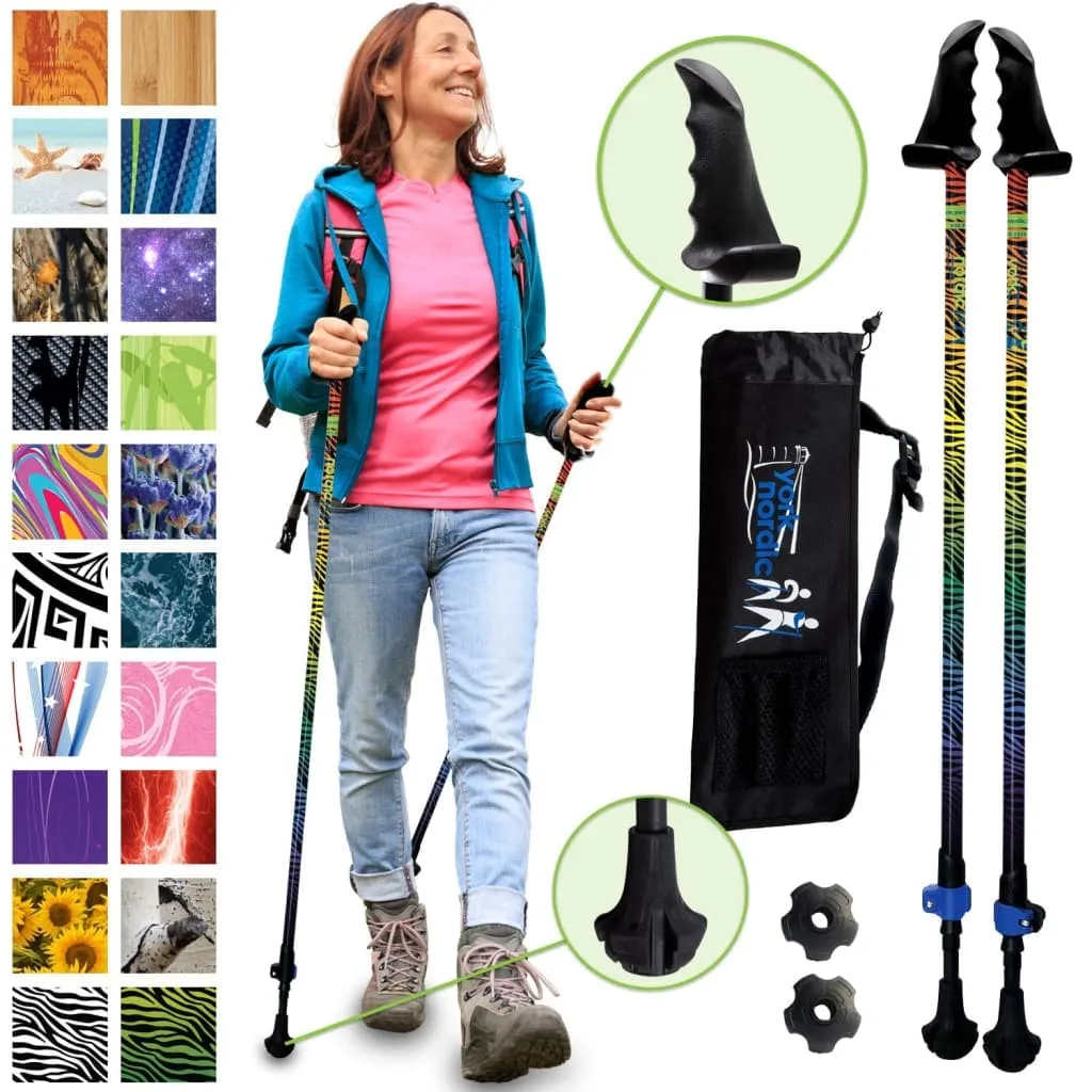 Zebra Rainbow Hiking & Walking Poles w-flip locks, detachable feet and travel bag - pair - For Heights up to 6’2”