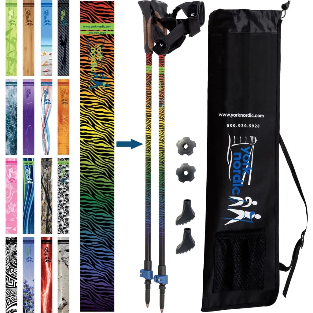 Zebra Rainbow Hiking & Walking Poles w-flip locks, detachable feet and travel bag - pair - For Heights up to 6’2”